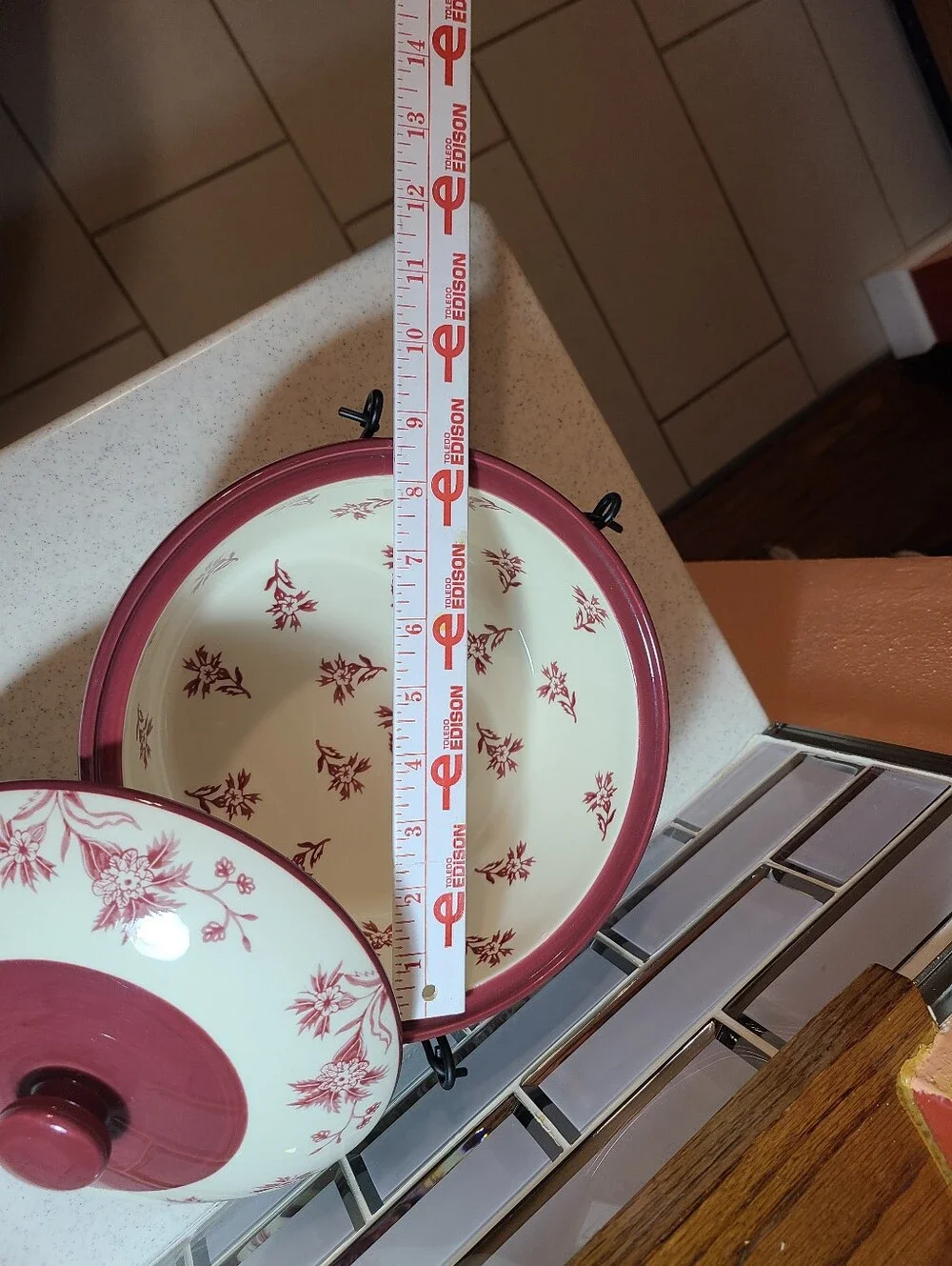 Temp-Tations Cream and Burgundy Floral Covered Serving Dish